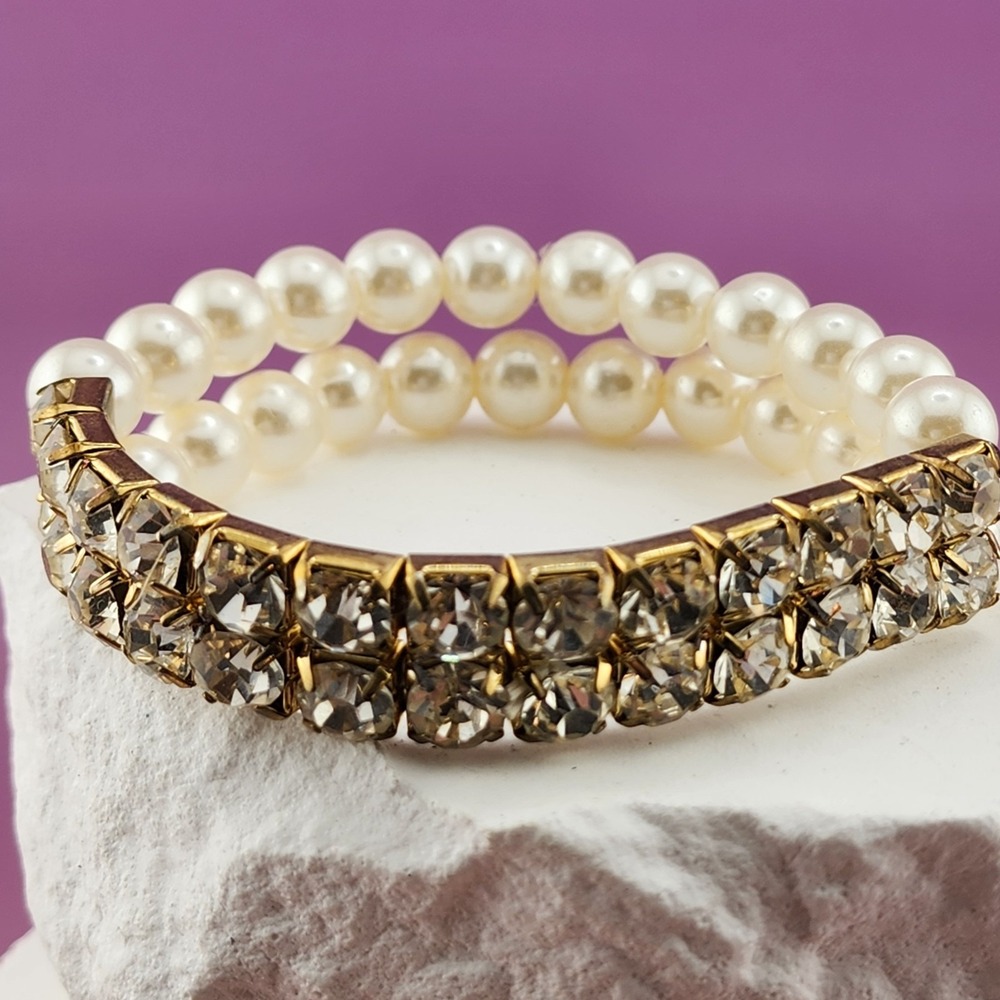 Faux Pearl Rhinestone Gold Tone Stretch Bracelet Double Row Bridal Glam Jewelry